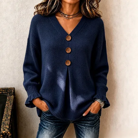 Women V-Neck Long Sleeve Knit Sweater Top With Decorative Buttons And Ruffle Cuffs Casual Solid Color Pullover