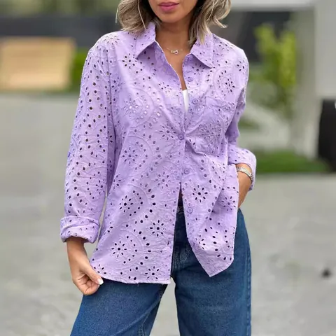 Camicia Larga da Donna con Ricamo a Occhielli Manica Lunga con Bottoni Colletto a Camicia Taglie Forti Blusa in Poliestere