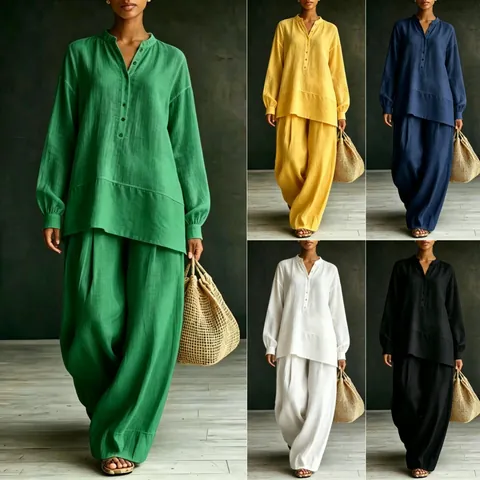 Women Casual Commute Polyester Solid Color Shirt and Wide Leg Pants Set Long Sleeve Top and Bottom Relaxed Fit Loungewear Outfit