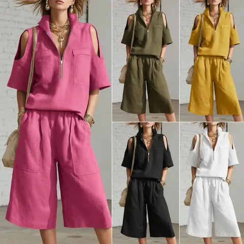 Conjunto de Top y Pantalones con Hombros Descubiertos para Mujer Camisa de Manga Corta con Cremallera y Pantalones Cortos Anchos