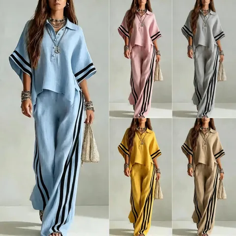 Women Casual Polyester Top And Bottom Short Sleeve Button Shirt And Wide Leg Pants Stripes Summer Lounge Outfits