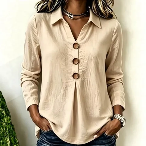 Women's Loose Solid Color Polyester Blouse V-Neck Shirt Collar Long Sleeve Top With Decorative Buttons Pleated Pullover Top