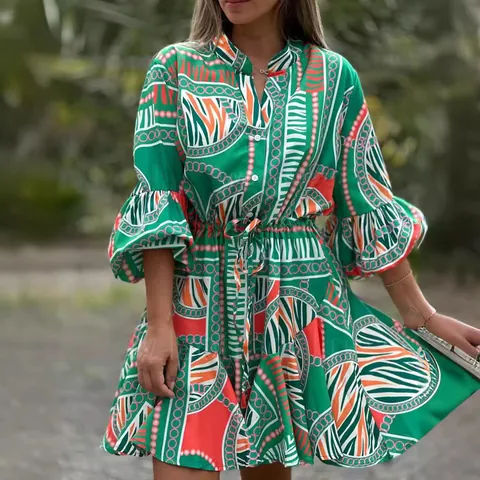 Vestito a Balze da Donna con Scollo a V e Maniche a Campana Boho Stampato Patchwork Poliestere Abito Midi Casual Vacanza Moda