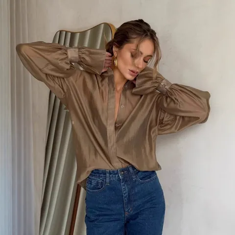 Camisa Casual de Color Sólido para Mujer con Botones Manga de Linterna de Solapa Suelta Blusa de Tencel Poliéster Moda de Primavera
