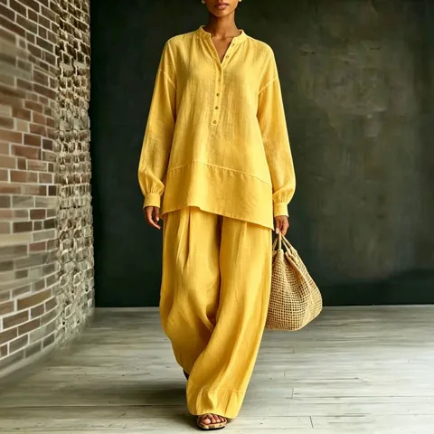 Women Casual Commute Polyester Solid Color Shirt and Wide Leg Pants Set Long Sleeve Top and Bottom Relaxed Fit Loungewear Outfit