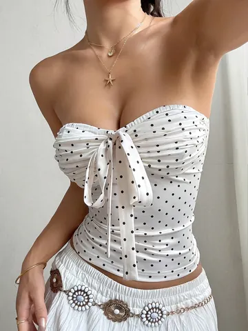 Women Sexy Polka Dot Strapless Tube Top Backless Tie-Front Bow Ruched Sexy Crop Top Polyester Summer Slim Fit Spicy Girl Party Clubwear Top