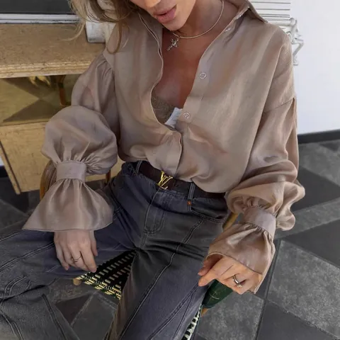 Camisa Casual de Color Sólido para Mujer con Botones Manga de Linterna de Solapa Suelta Blusa de Tencel Poliéster Moda de Primavera