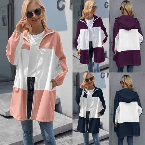 Giacca a Vento Impermeabile con Cappuccio da Donna Blocco di Colore All'aperto Impermeabile Casual Cappotto di Media Lunghezza
