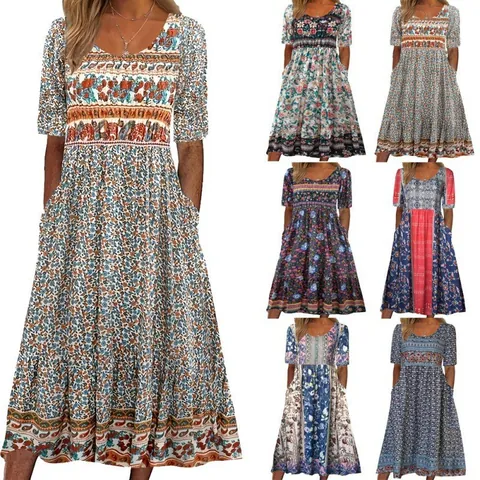 Vestido Midi Estampado Bohemio para Mujer Poliéster Cuello Redondo Manga Corta Línea A Casual con Bolsillos Ropa de Verano