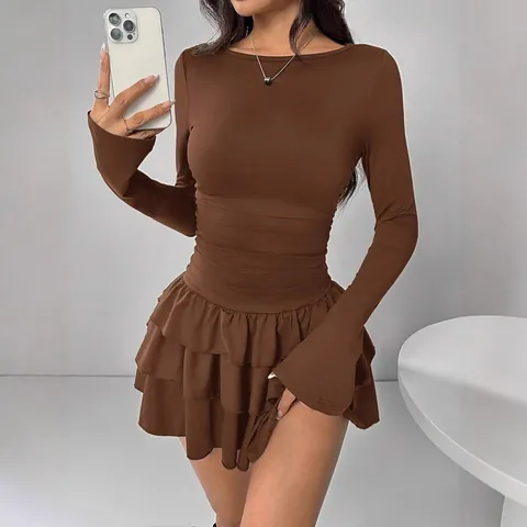 Elegante Vestito Corto da Donna con Volant Slim Fit Arricciato a Maniche Lunghe in Maglia di Poliestere Casual