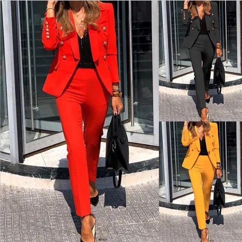 Parte Superior Inferior Blazer Pantalón Traje Mezcla Algodón Doble Botonadura Botones Metálicos Elegante Oficina Dama Negocios Casual Atuendo