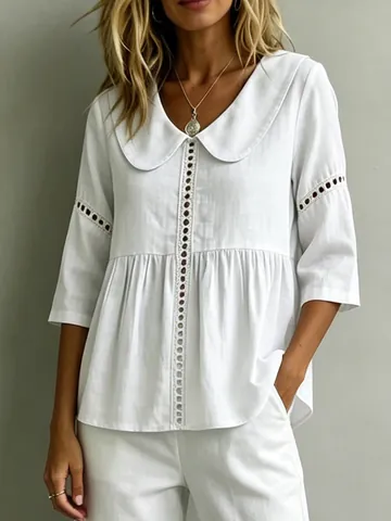 Peter-Pan-Kragen Vintage-Spitze Hohl Aus Puffärmel Baumwolle Leinen Bluse Für Damen Einfarbig Casual Pullover Hemd Top
