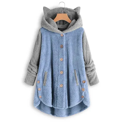 Sweat à Capuche en Peluche Color Block pour Femmes Avec Oreilles de Gatto Ourlet Irrégulier Boutonné Manteau en Polaire Chaud Oversize Haut d'Hiver Décontracté Streetwear