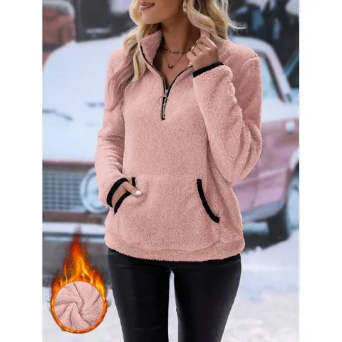 Sweat-shirt en Fausse Fourrure Peluche pour Femmes Pullover à Demi-Zip Col Montant Avec Poche Bordure Contrastée Haut en Polaire