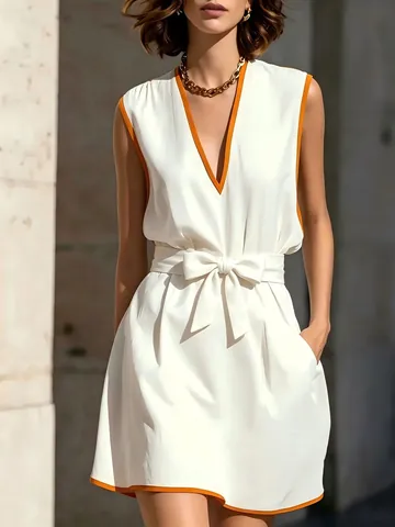 Robe Midi Femme Élégante Col en V Sans Manches Finition Contrastée Lien à la Taille Coupe Cintrée Été Polyester