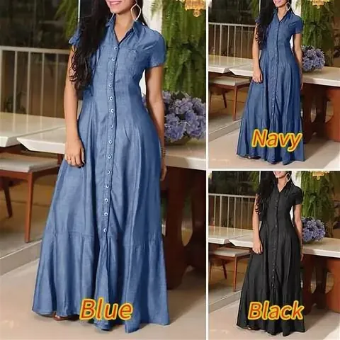 Women Casual Denim Polyester Maxi Dress Shirt Collar Button Down Short Sleeve Pocket Loose Big Swing A-Line Dress