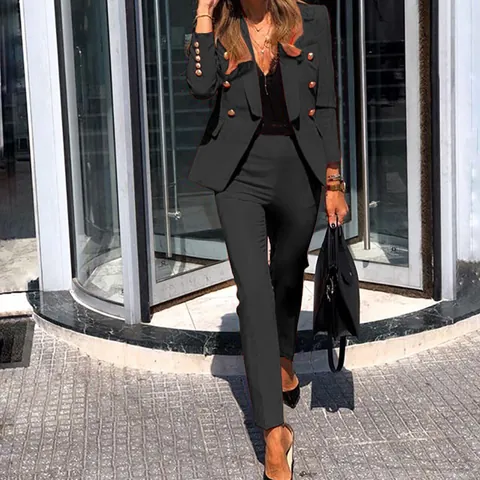 Parte Superior Inferior Blazer Pantalón Traje Mezcla Algodón Doble Botonadura Botones Metálicos Elegante Oficina Dama Negocios Casual Atuendo