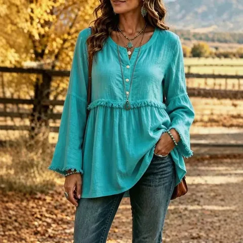 Camicia da Donna Casual Scollo a V con Nappa Manica Lunga Blusa Retrò Bohémien Vestibilità Larga Cotone Tinta Unita Top