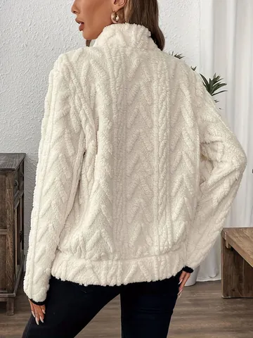 Sweat-shirt Femme Revers Demi-zip Jacquard Peluche Bordure Contrastée Court Pull en Polaire Avec Poches Décontracté Chaud Hiver Haut pour Femmes