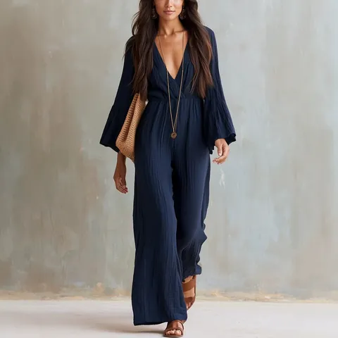 Women Bohemian V-Neck Long Sleeve Jumpsuit Elastic Waist Wide Leg Jumpsuit Polyester Casual Solid Color Flare Sleeve Romper