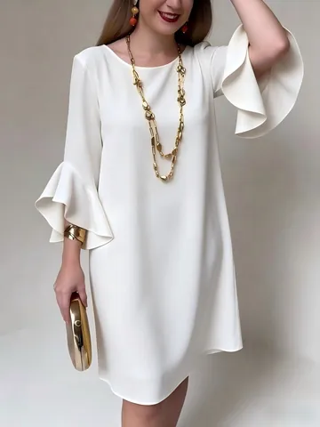 Women Elegant Ruffle Flare Sleeve Slim Fit Midi Dress Round Neck Solid Color Polyester Elegant Office Party Summer Dress