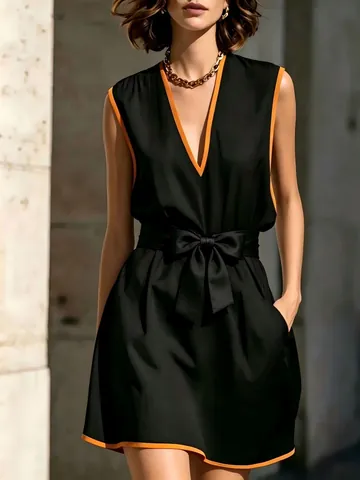 Robe Midi Femme Élégante Col en V Sans Manches Finition Contrastée Lien à la Taille Coupe Cintrée Été Polyester