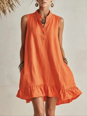 Vestito Donna Senza Maniche Collo Coreana Elegante Tinta Unita Bordo Volant Mini Vestito a Trapezio Per Vacanze Estive Mare