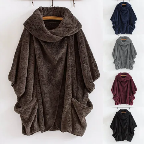 Giacca in Pile Oversized da Donna Revers Bottone Tasca Orlo Irregolare Tinta Unita Capispalla in Poliestere Streetwear Cappotto per Autunno Inverno