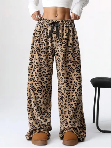 Women Leopard Print Wide Leg Pants High Waist Drawstring Loose Straight Lounge Trousers Casual Polyester Full Length Bottom