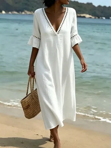Vestido Maxi de Vacaciones con Cuello en V para Mujer con Encaje Manga Campana Vestido Largo de Poliéster para Playa de Verano
