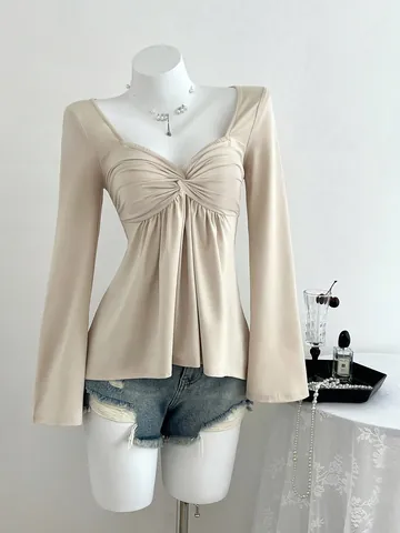 Haut à Manches Longues pour Femmes Col en V Nœud Torsadé Froncé T-Shirt en Polyester Décontracté Couleur Unie Printemps Automne