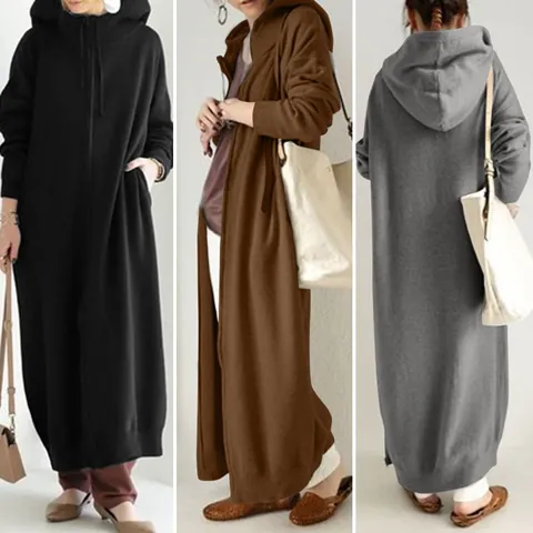 Women Plus Size Fleece Lined Full Zip Hooded Sweatshirt Robe Long Sleeve Solid Color Casual Longline Jacket Outerwear