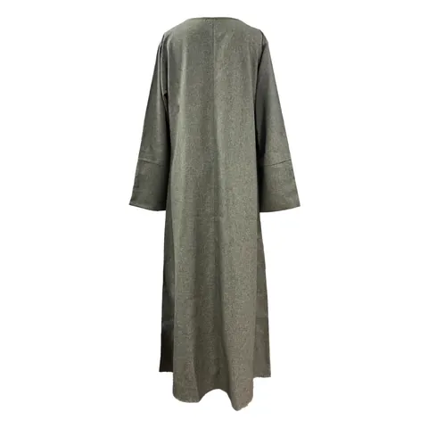 Women Elegant Round Neck Loose Solid Polyester Robe With Beaded Button Decoration Long Maxi Dress Abaya For Daily Wear