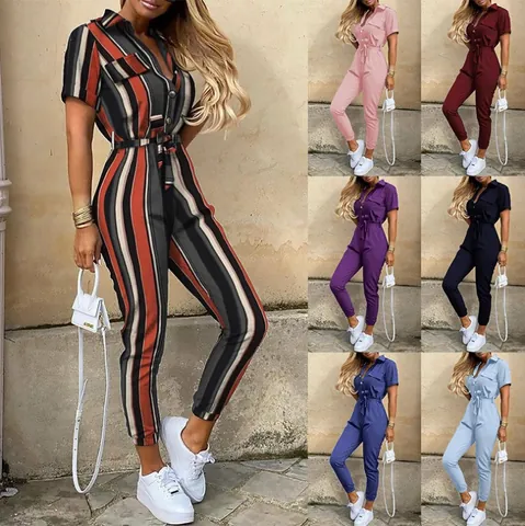 Women Casual Short Sleeve Jumpsuit Lapel Button Down Belted Utility Straight Leg Polyester Patchwork Printed Romper For Daily Commute