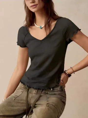 Damen Boho Polyester V-Ausschnitt Rollsaum T-Shirt Lässige Urlaub Einfarbig Kurzarm Sommer Top