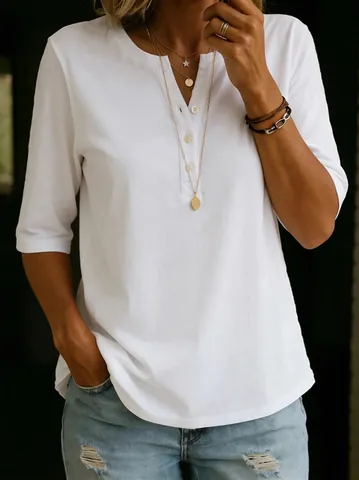 Haut en Coton à Manches Courtes et Col Henley pour Femmes Couleur Unie Boutonné Col en V T-Shirt Coupe Relaxed