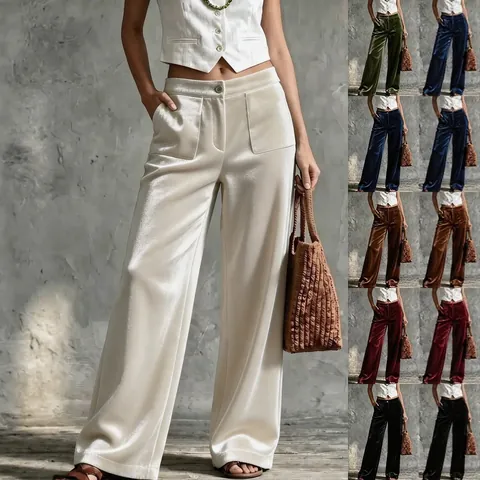 Women High Waist Velvet Wide Leg Pants Solid Color Straight Casual Trousers With Pockets Streetwear Autumn Winter Bottoms