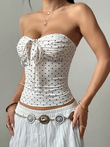 Women Sexy Polka Dot Strapless Tube Top Backless Tie-Front Bow Ruched Sexy Crop Top Polyester Summer Slim Fit Spicy Girl Party Clubwear Top