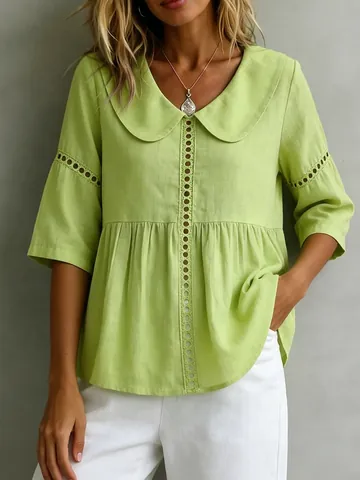 Peter-Pan-Kragen Vintage-Spitze Hohl Aus Puffärmel Baumwolle Leinen Bluse Für Damen Einfarbig Casual Pullover Hemd Top