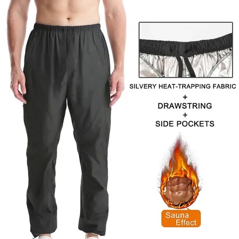 Pantalon de Sauna pour Hommes Enduit d'Argent Thermique Jogging Fitness Taille Haute avec Cordon Poches Sport