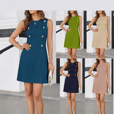 Elegant Sleeveless Round Neck Cocktail Mini Dress For Women Double Breasted Gold Buttons Slim Fit A-Line Summer Casual Business Party Dress