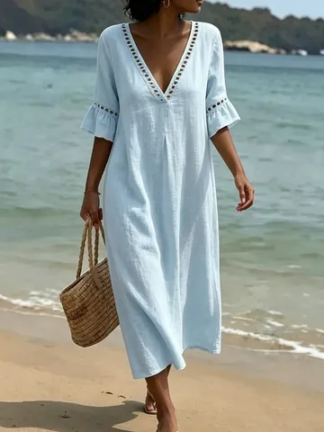 Vestido Maxi de Vacaciones con Cuello en V para Mujer con Encaje Manga Campana Vestido Largo de Poliéster para Playa de Verano