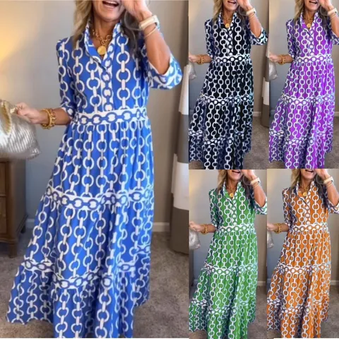 Women Geometric Chain Print Long Sleeve Maxi Dress Casual Crew Neck Patchwork A-Line Summer Vacation Party Long Dress