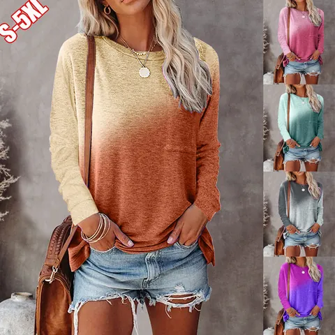 Women Gradient Tie-Dye Long Sleeve T-Shirt Casual Round Neck Loose Top With Chest Pocket Acetate Cotton Blend Autumn Tee