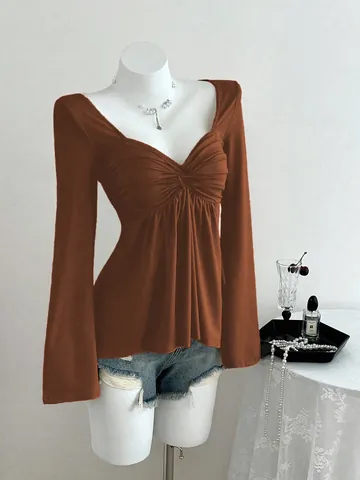 Haut à Manches Longues pour Femmes Col en V Nœud Torsadé Froncé T-Shirt en Polyester Décontracté Couleur Unie Printemps Automne