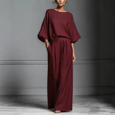 Women Elegant Flare Sleeve Top And Wide Leg Pants Set Solid Color Casual Summer Polyester Loungewear Top And Bottom Outfit