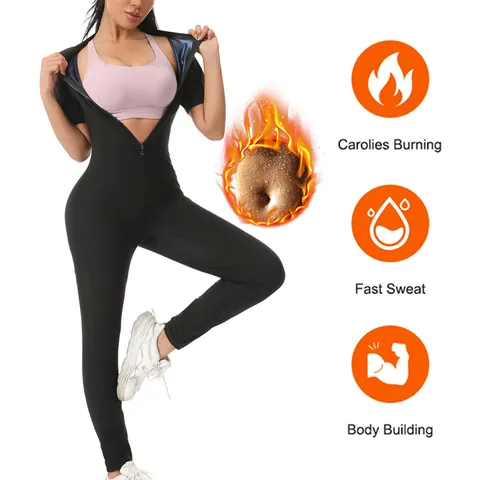 Combinaison de Sudation pour Femmes Sauna Jumpsuit Hot Thermo Body Shaper Fermeture Éclair Manches Courtes Fitness Yoga