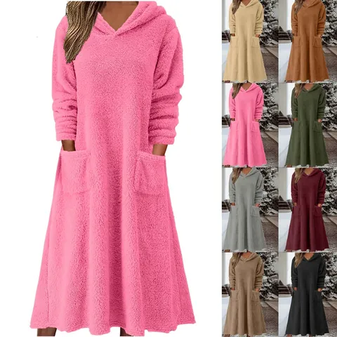 Women Hooded Plush Long Sleeve Dress Casual Loose Fleece Loungewear Thick Solid Color Midi Dress With Pockets Warm Autumn Winter