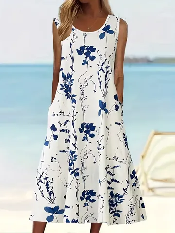 Robe Midi à Fleurs sans Manches pour Femmes Col Rond Été Plage Vacances Coupe Ample en A avec Poches Vêtements en Polyester