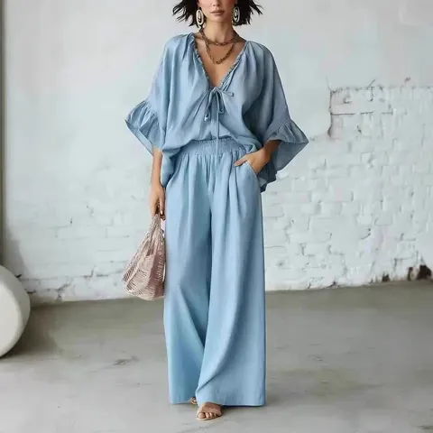 Damen Sommer Casual Leinen Zweiteiler V-Ausschnitt Schnürung Volantärmel Oberteil Hohe Taille Weite Hose Urlaub Outfits